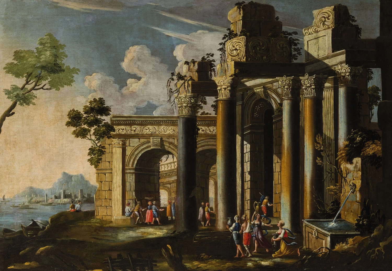 Francesco Aviani - Il portico di un palazzo classico con un giovane alato, Cupido e una ninfa